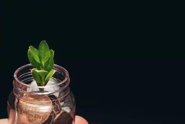 Foto con fondo oscuro de una mano sosteniendo un pequeño frasco lleno de monedas con una planta pequeña creciendo de ellas
